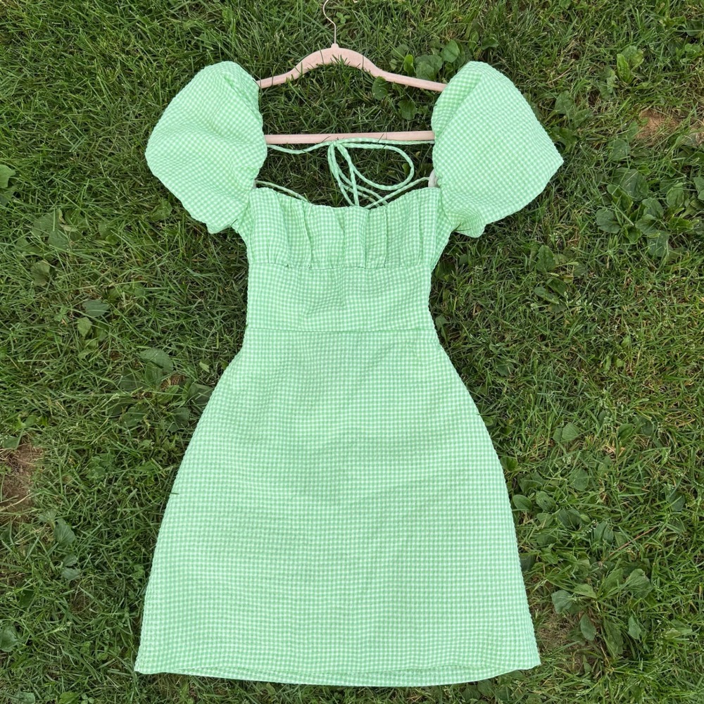 Zara Mini Dress S Green Gingham Puff Sleeve Lace Up Open Back Seersucker Picnic